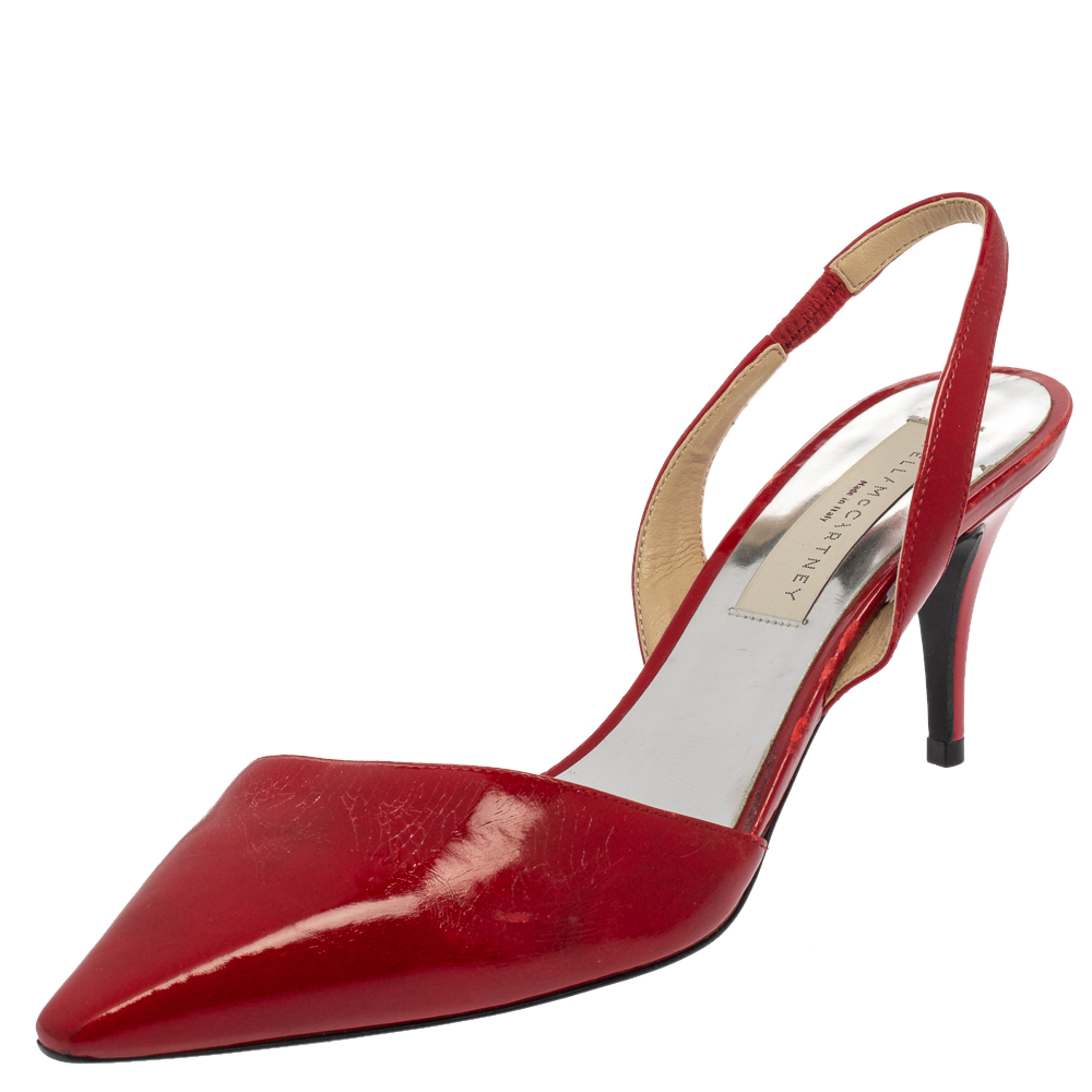 Stella McCartney Red Faux Patent Leather Slingback Pointed Toe Sandals Size 37.5