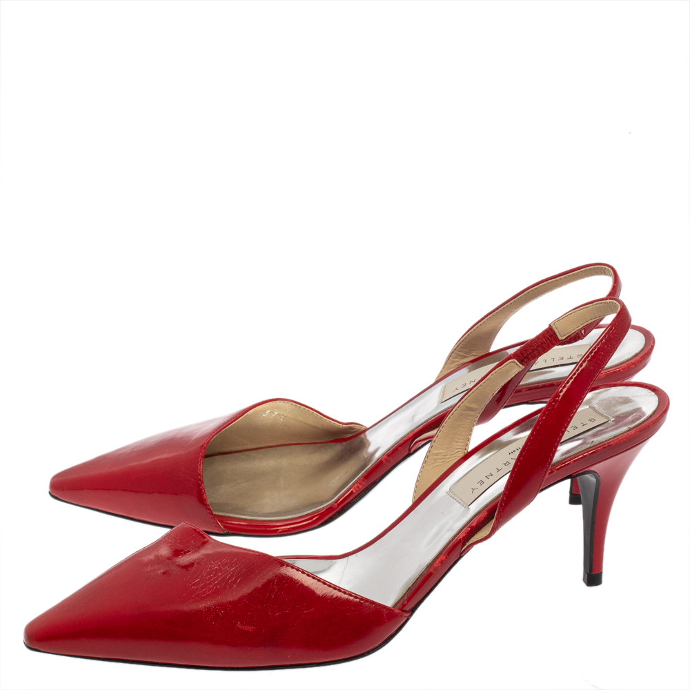 Stella McCartney Red Faux Patent Leather Slingback Pointed Toe Sandals Size 37.5