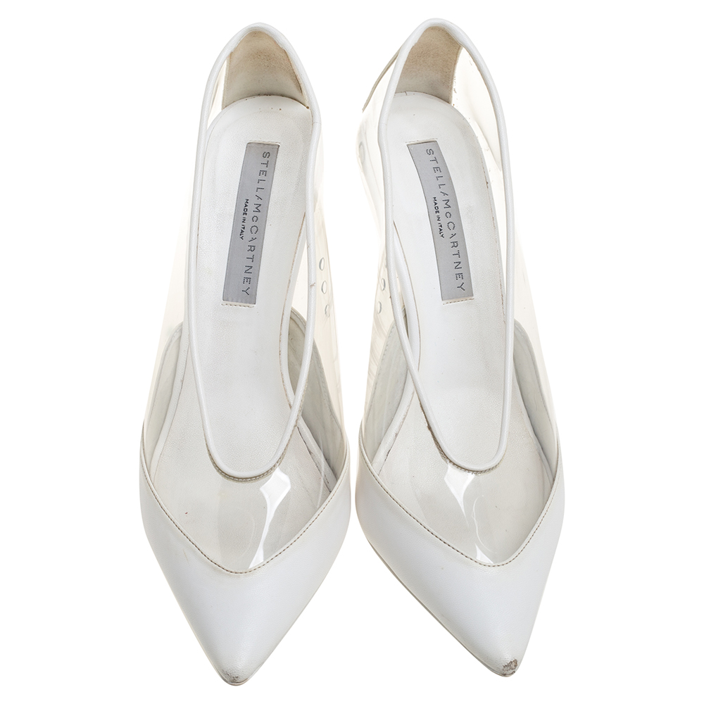 Stella McCartney White Faux Leather And PVC Pointed Toe Pumps Size 40