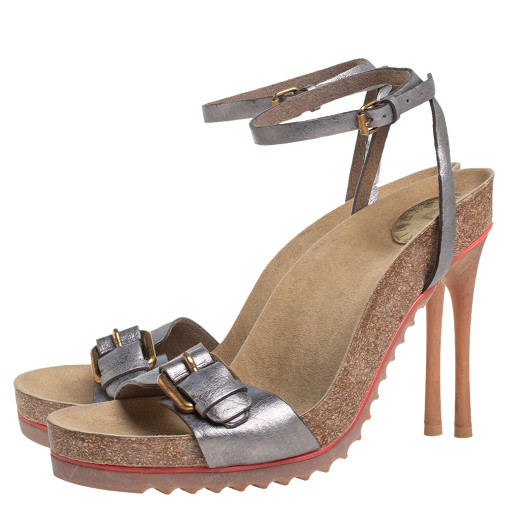 Stella McCartney Metallic Grey Faux Leather Ankle Strap Sandals Size 38