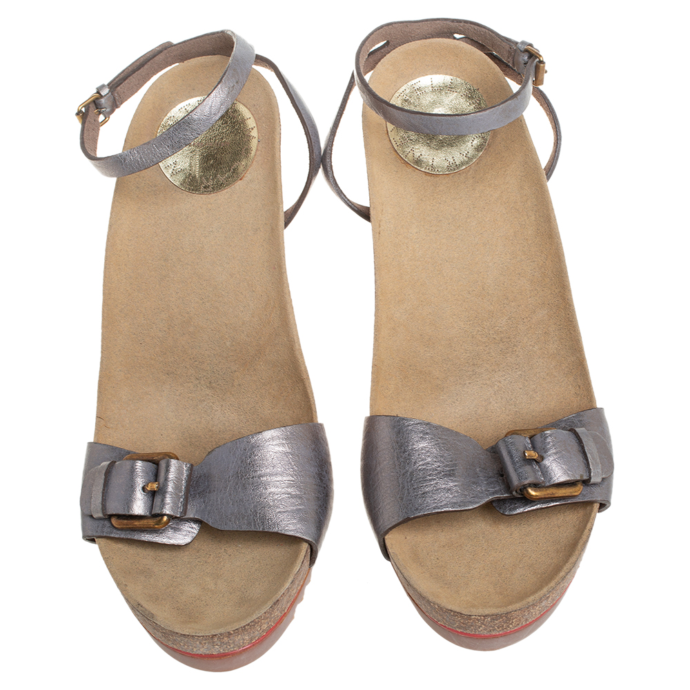 Stella McCartney Metallic Grey Faux Leather Ankle Strap Sandals Size 38
