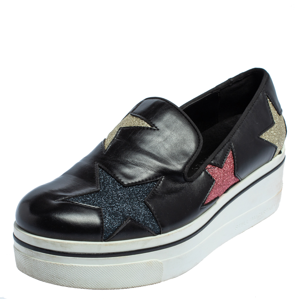 Stella McCartney Black Faux Leather Binx Star Platform Slip On Sneakers Size 39