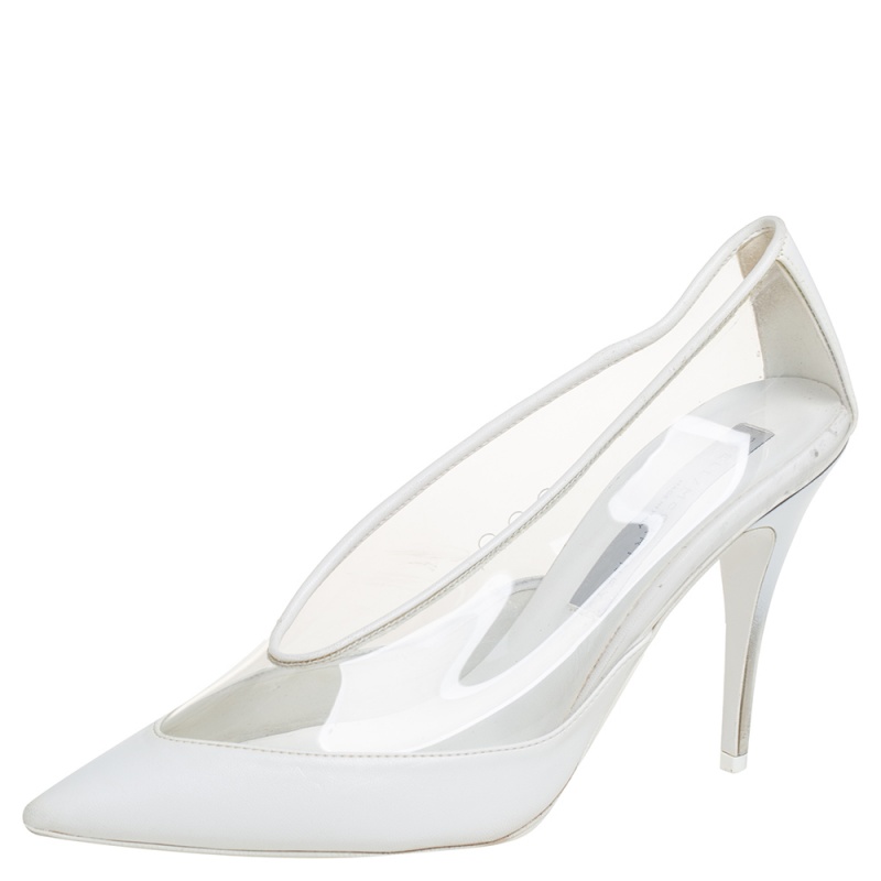 Stella McCartney White Faux Leather And PVC Pointed Toe Pumps Size 36.5