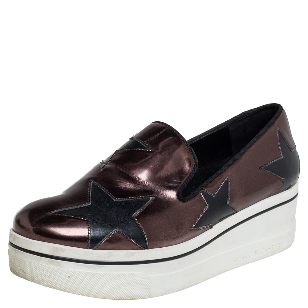 Stella McCartney Metallic Bronze Faux Leather Binx Star Platform Slip On Sneakers Size 40