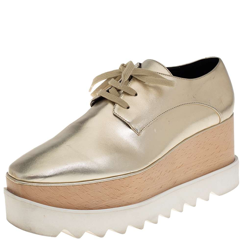 Stella McCartney Gold Faux Leather Wedge Sneakers Size 38.5