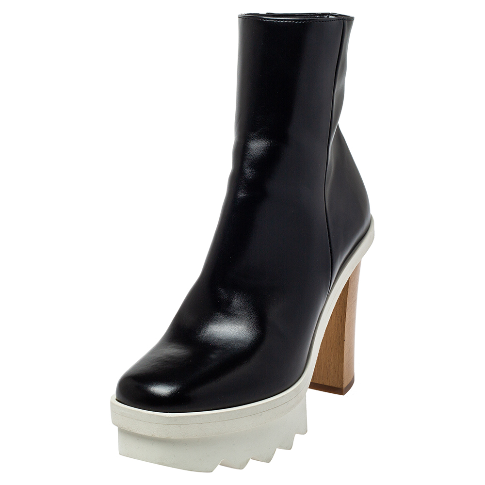Stella McCartney Black Faux Leather Platform Ankle Boots Size 36