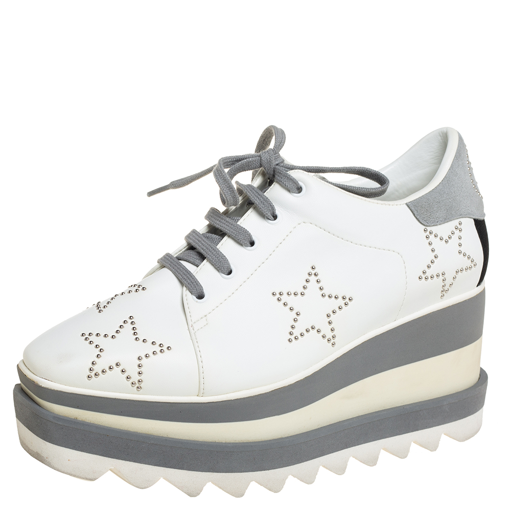 Stella McCartney White/Grey Faux Leather And Suede Elyse Star Sneakers Size 35