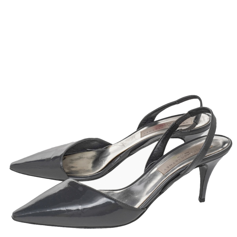Stella McCartney Dark Grey Faux Patent Leather Slingback Sandals Size 37