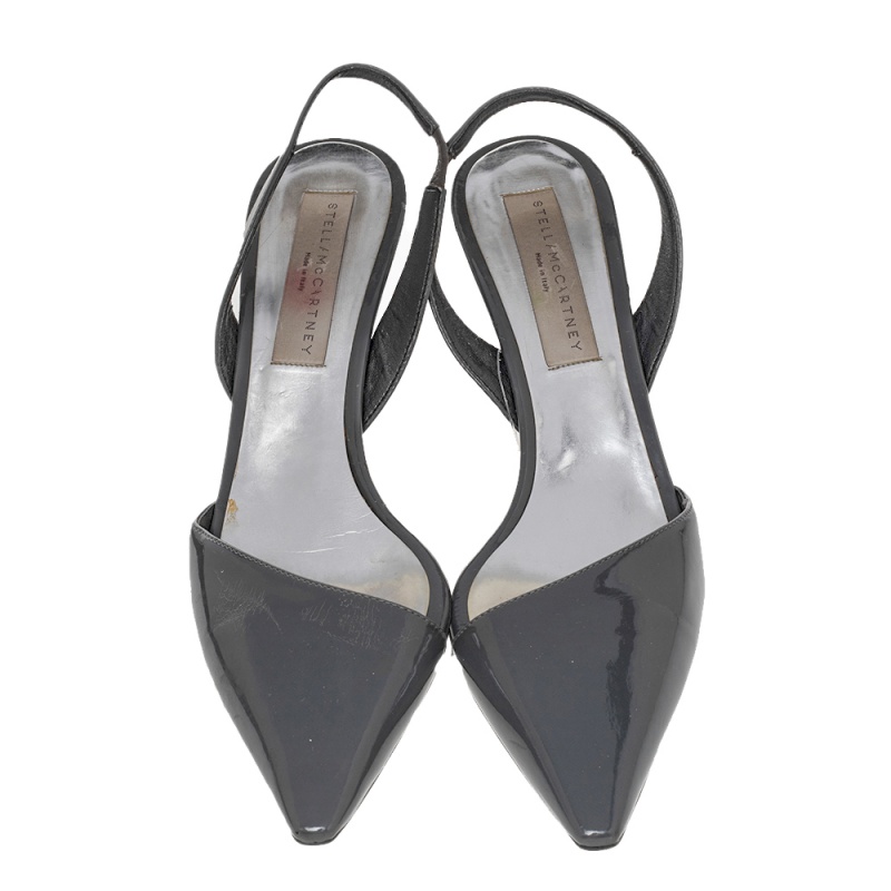 Stella McCartney Dark Grey Faux Patent Leather Slingback Sandals Size 37