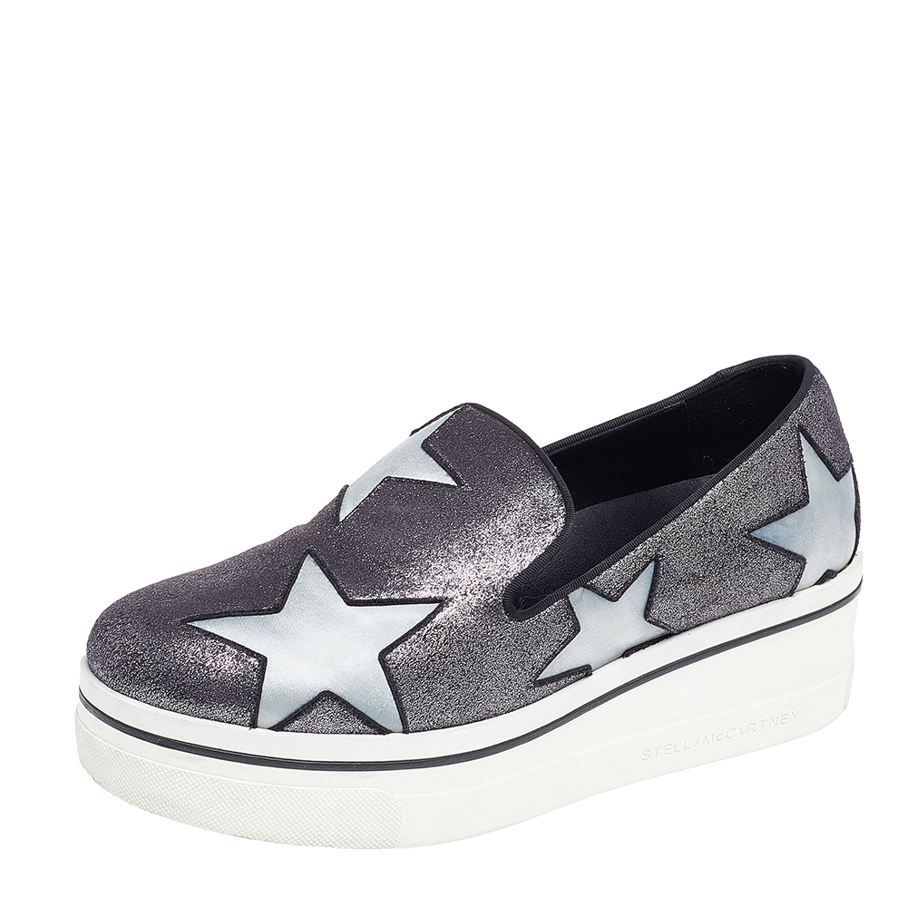 Stella mccartney metallic grey faux suede and satin binx star platform slip on sneakers size 38