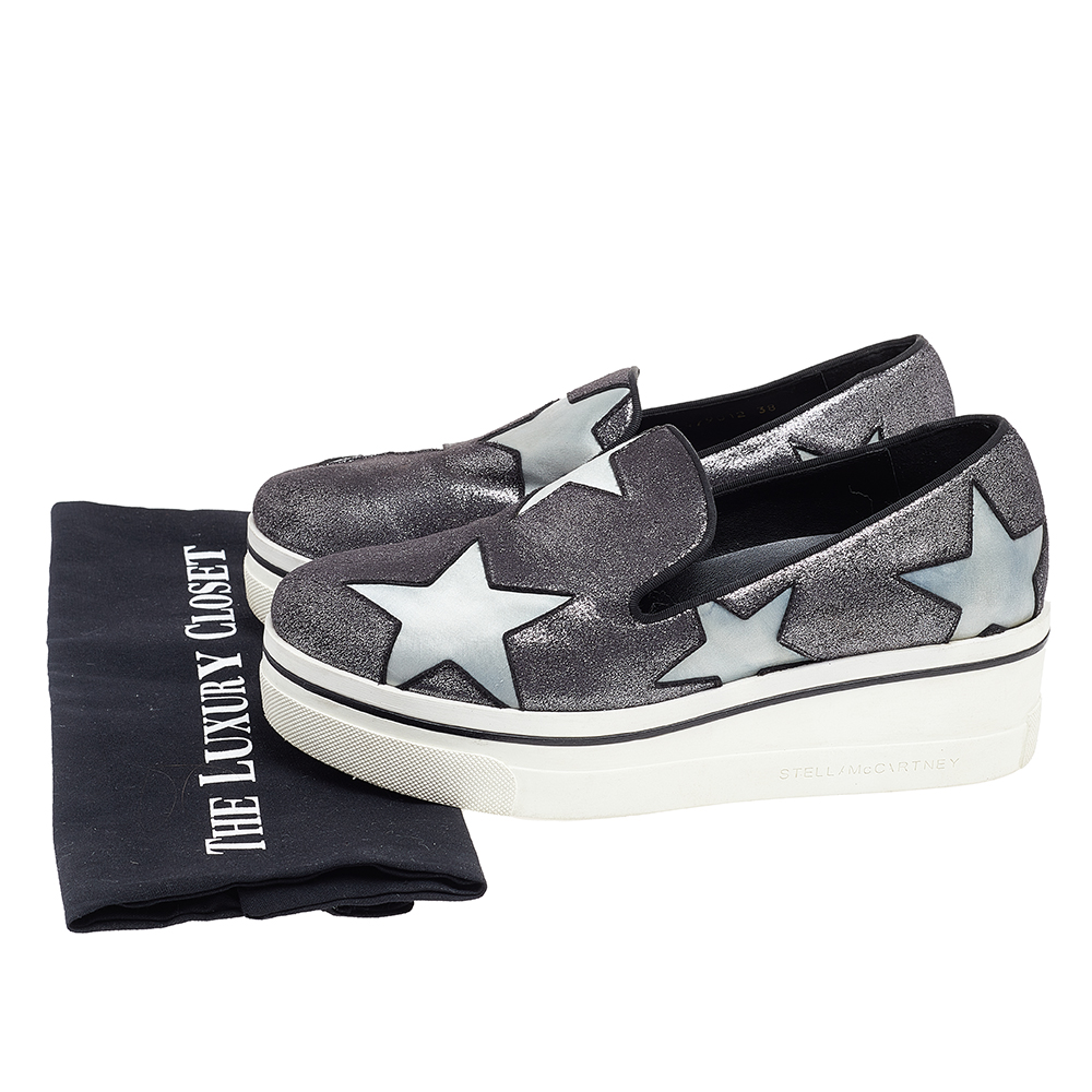 Stella McCartney Metallic Grey Faux Suede And Satin Binx Star Platform Slip On Sneakers Size 38