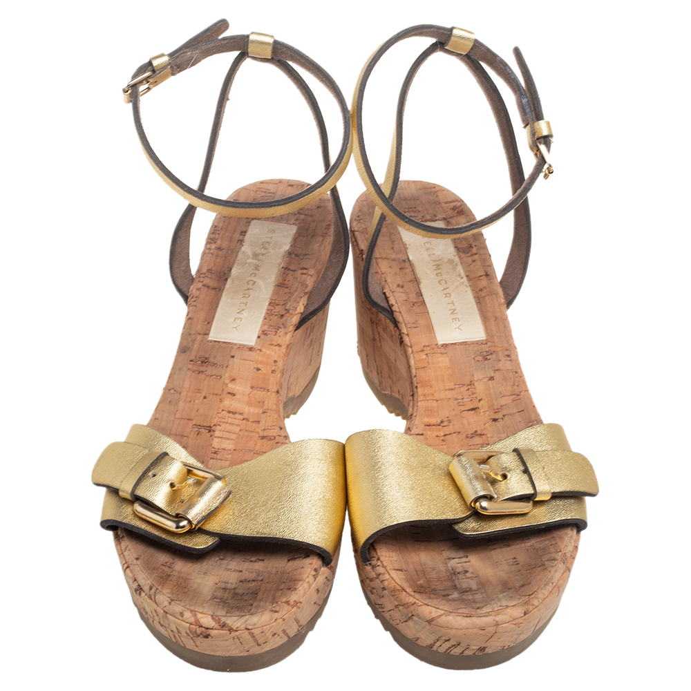 Stella McCartney Metallic Gold Faux Leather Cork Platform Sandals Size 40.5