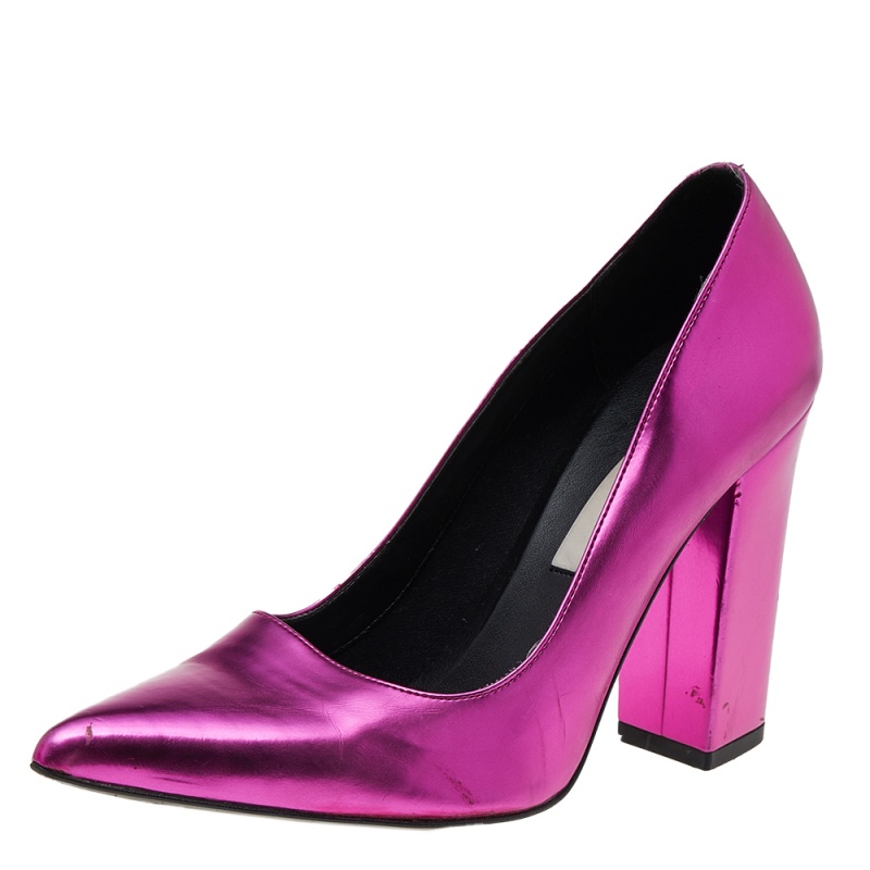 

Stella McCartney Metallic Pink Faux Leather Block Heel Pointed-Toe Pumps Size