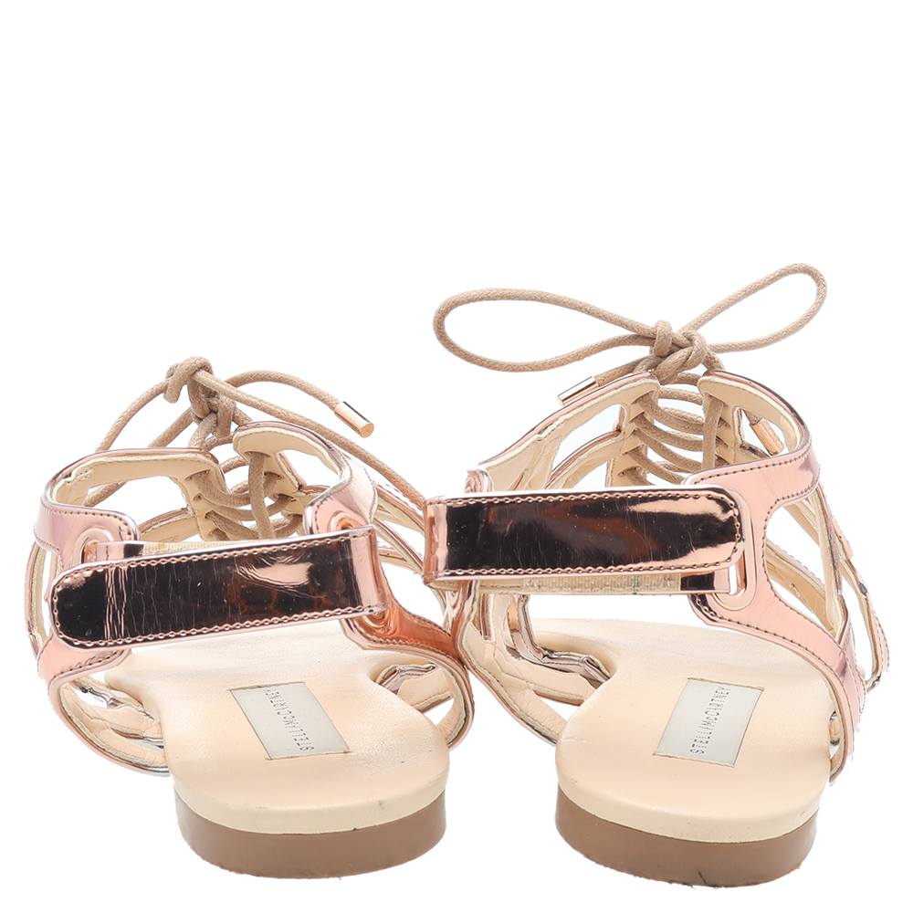 Stella McCartney Rose Gold Patent Leather Cutout Accent Gladiator Flat Sandals Size 38