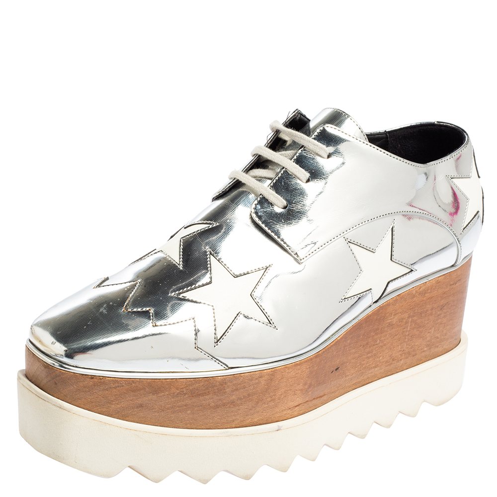 Stella McCartney Silver Faux Patent and Leather Elyse Star Platform Lace Up Sneakers Size 37