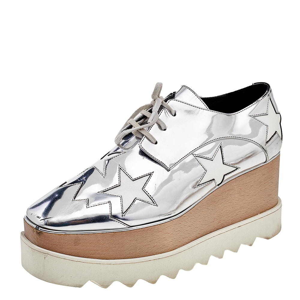 Stella McCartney Silver/White Faux Patent And Leather Elyse Star Platform Lace Up Sneakers Size 38