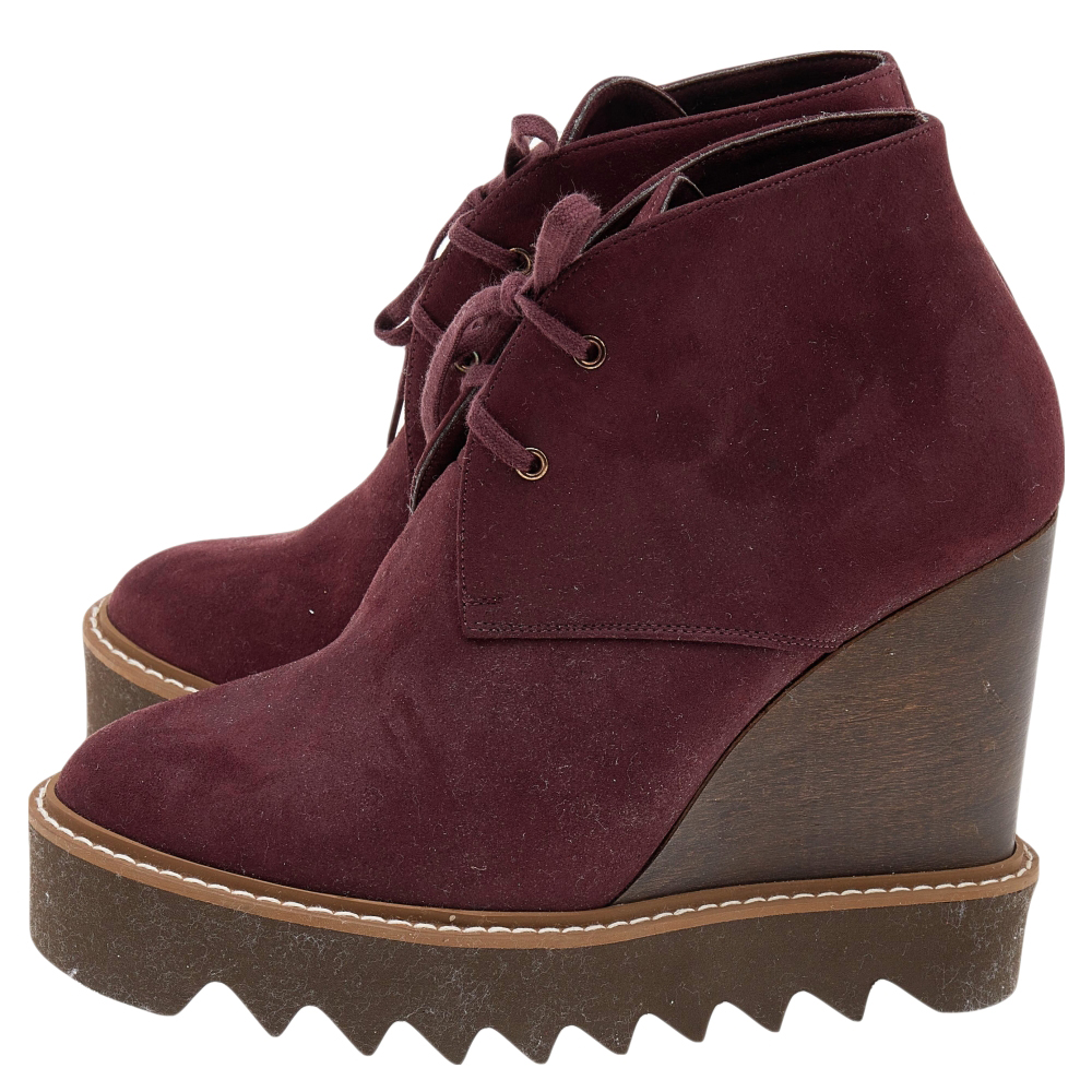 Stella McCartney Burgundy Faux Suede Lace Up Wedge Boots Size 37