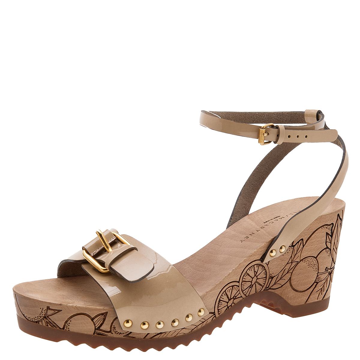 Stella mccartney beige faux patent leather linda wedge sandals size 40