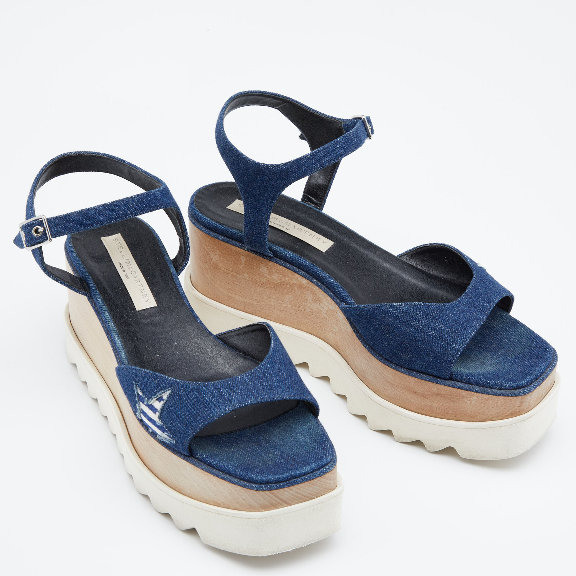 Stella McCartney Blue Denim Elyse Platform Ankle Strap Sandals Size 39.5