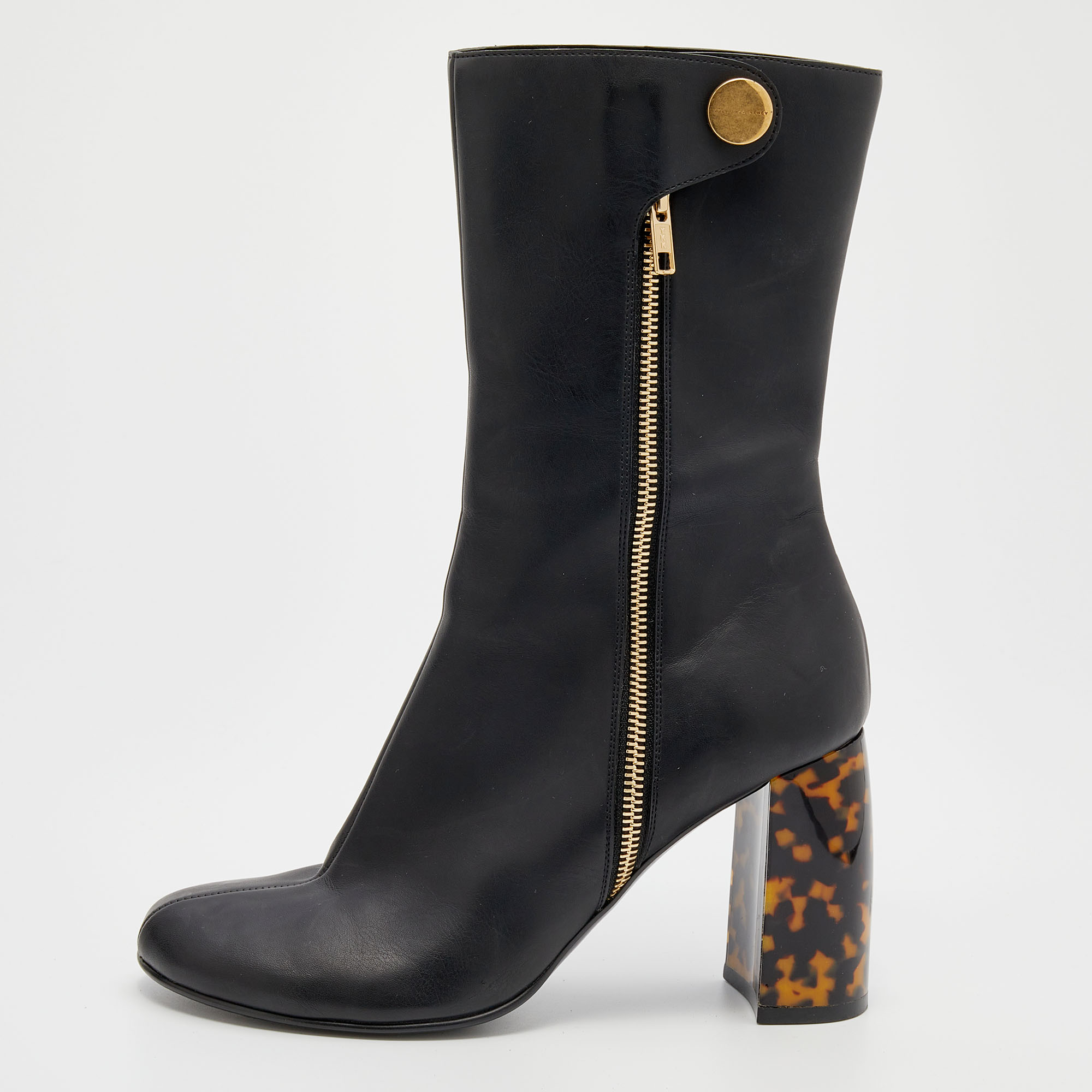 Stella mccartney black faux leather tortoise block heel "percy" ankle boots size 37