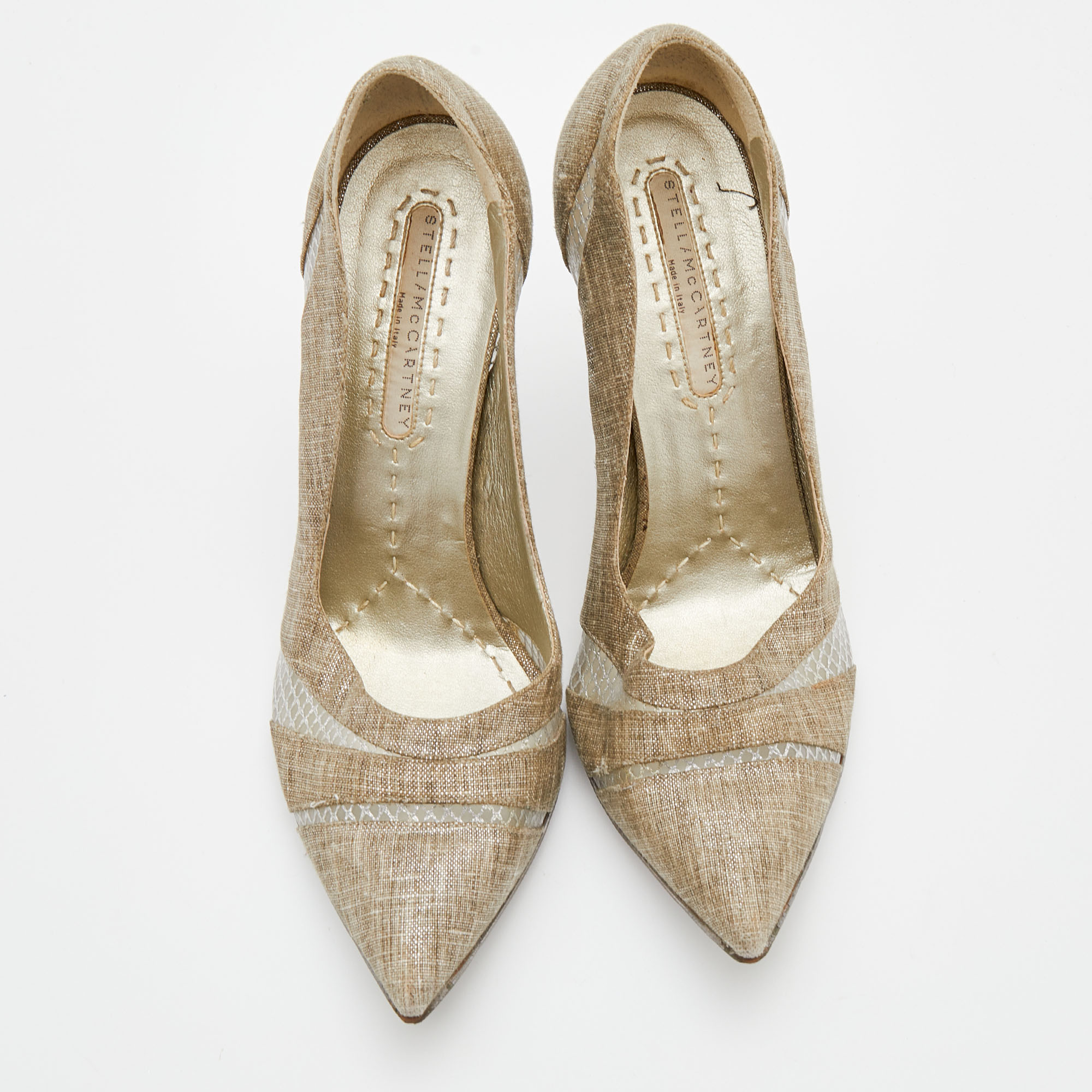 Stella McCartney Beige Fabric And Mesh Pointed Toe Pumps Size 38