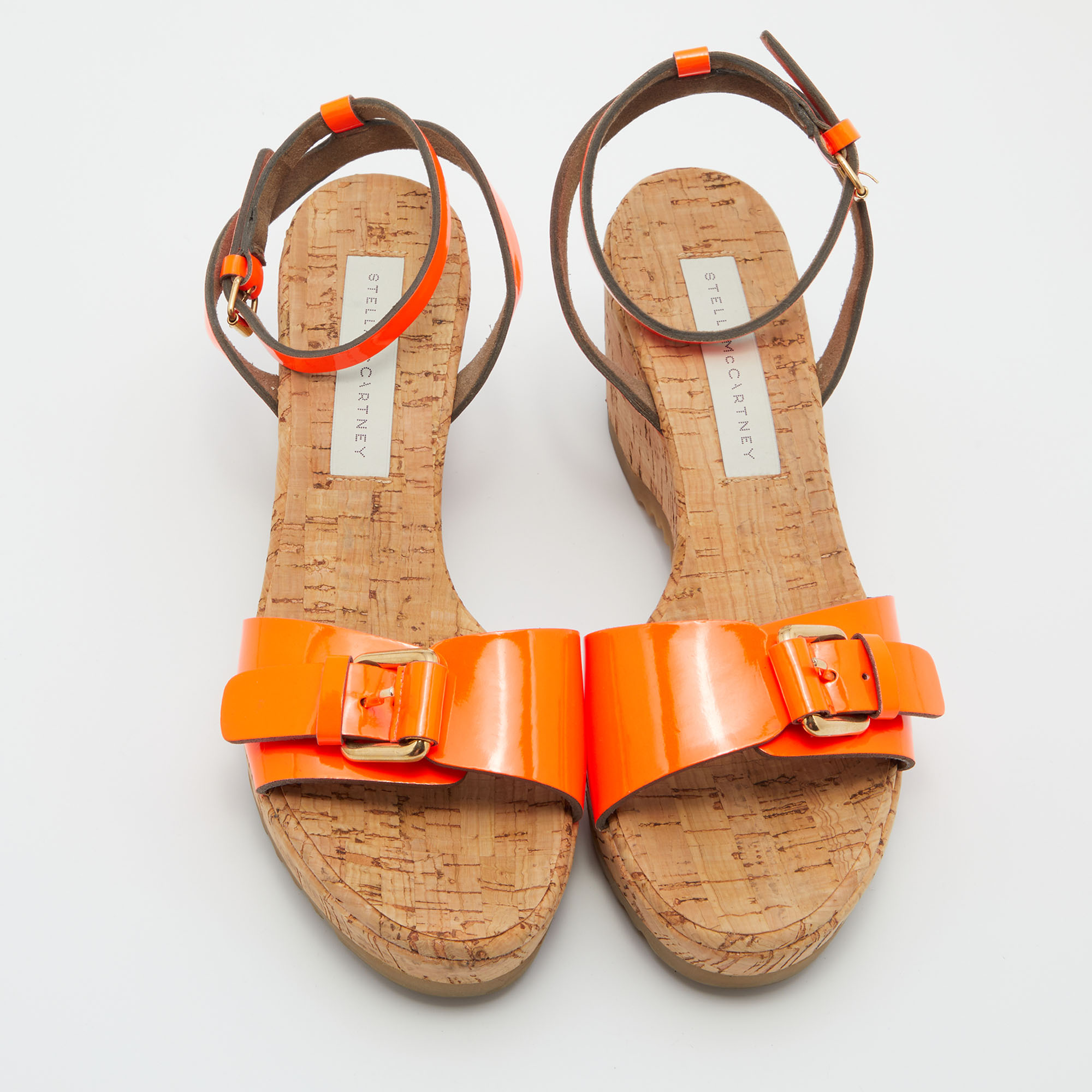 Stella McCartney Neon Orange Faux Patent Leather Cork Platform Wedge Ankle Strap Sandals Size 39