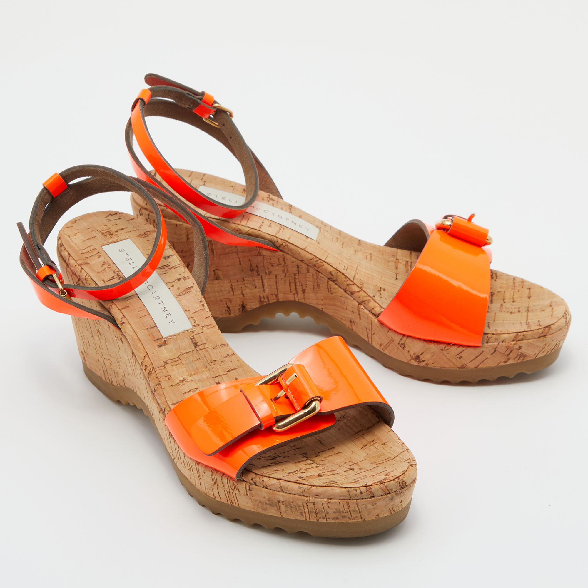 Stella McCartney Neon Orange Faux Patent Leather Cork Platform Wedge Ankle Strap Sandals Size 39