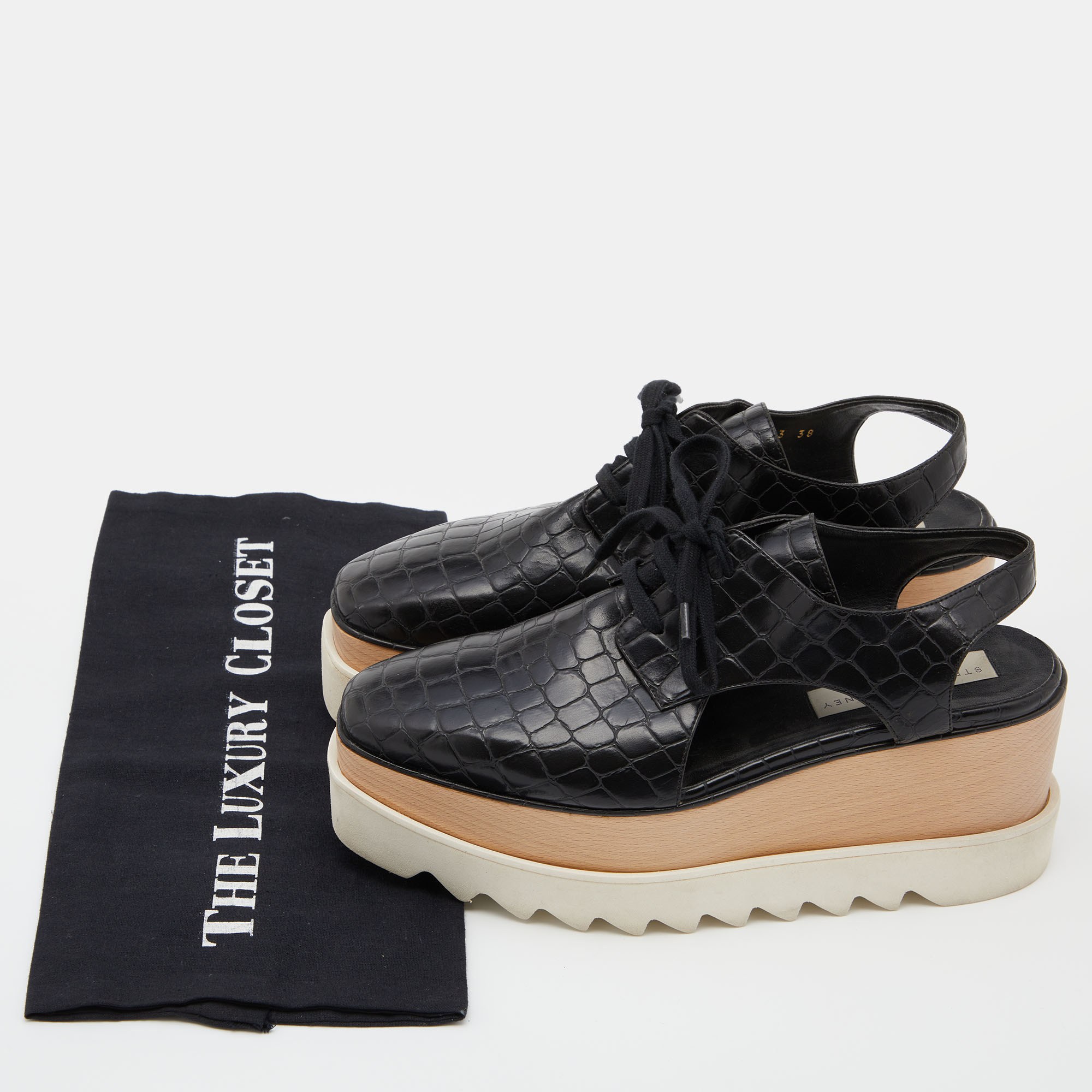 Stella McCartney Black Faux Croc Embossed Leather Elyse Cut Out Platform Derby Sneakers Size 38