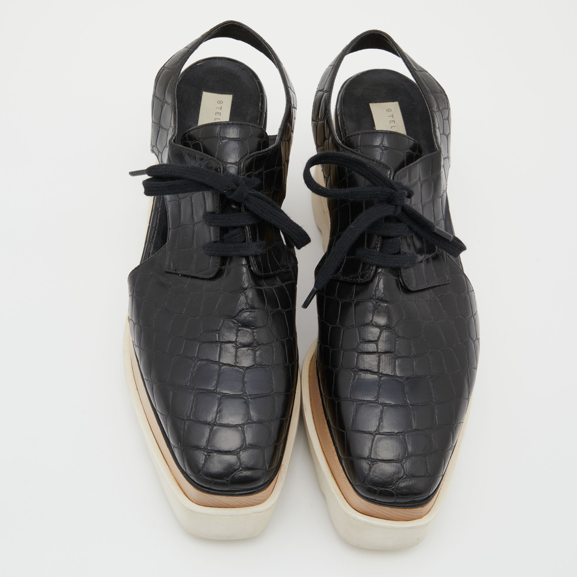 Stella McCartney Black Faux Croc Embossed Leather Elyse Cut Out Platform Derby Sneakers Size 38