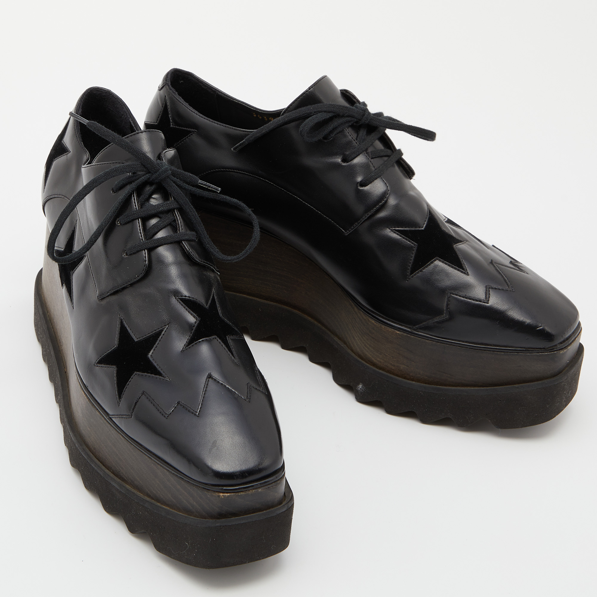 Stella McCartney Black Faux Leather And Wood Elyse Star Platform Derby Sneakers Size 39.5