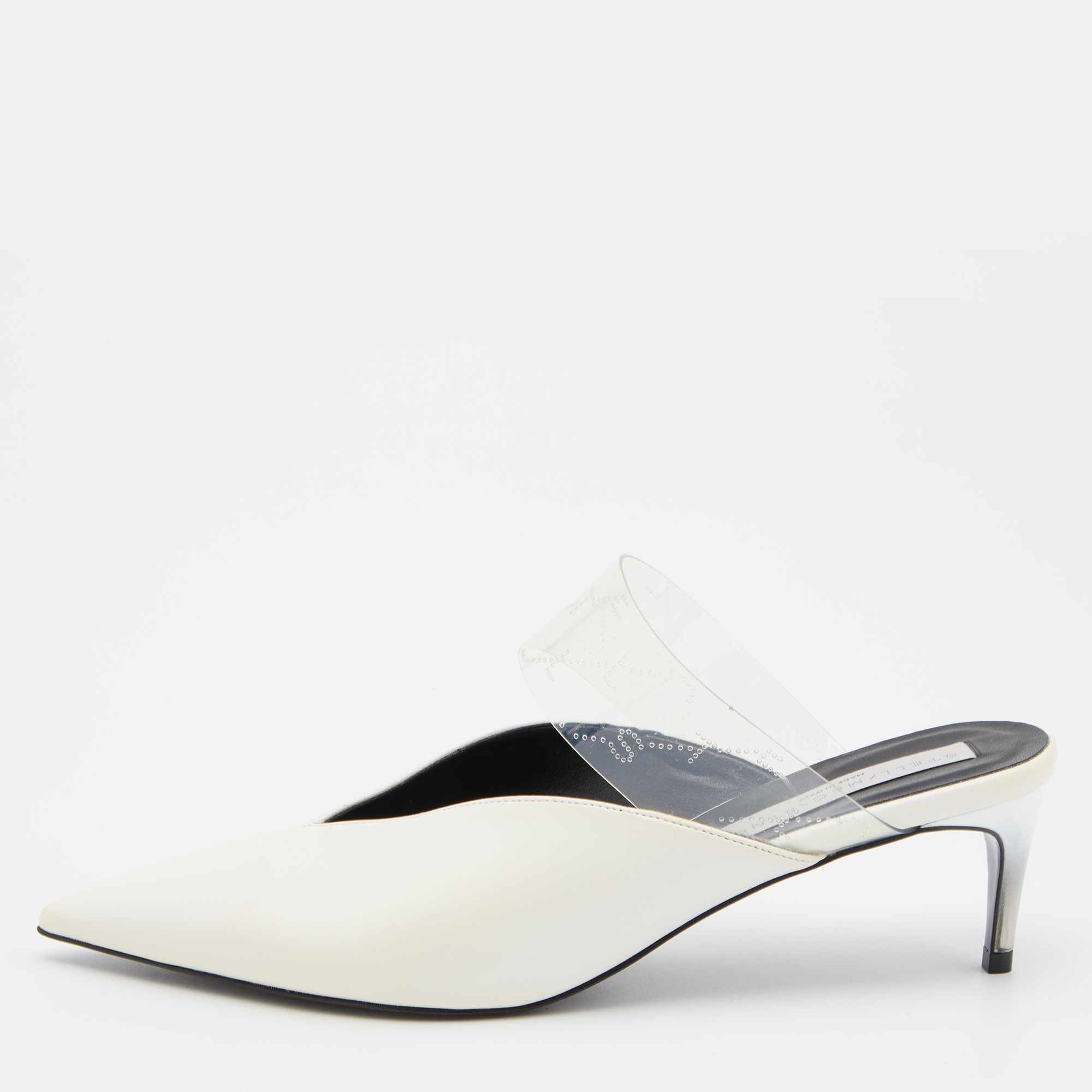 

Stella McCartney White Faux Leather and PVC Pointed Toe Mule Sandals Size
