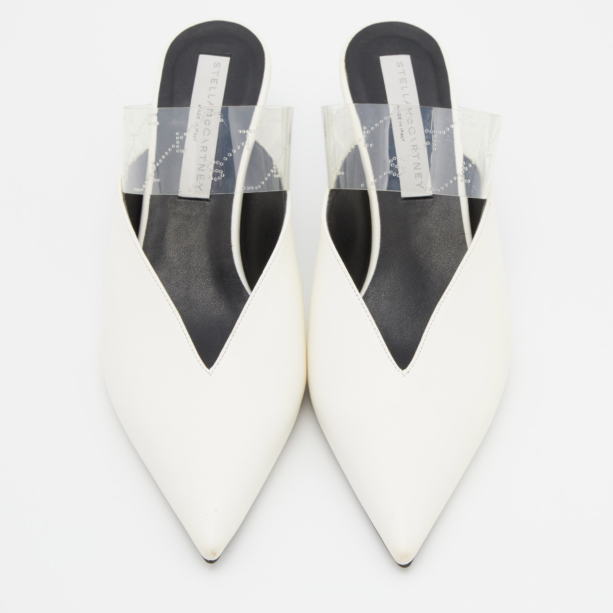 Stella McCartney White Faux Leather And PVC Pointed Toe Mule Sandals Size 38.5