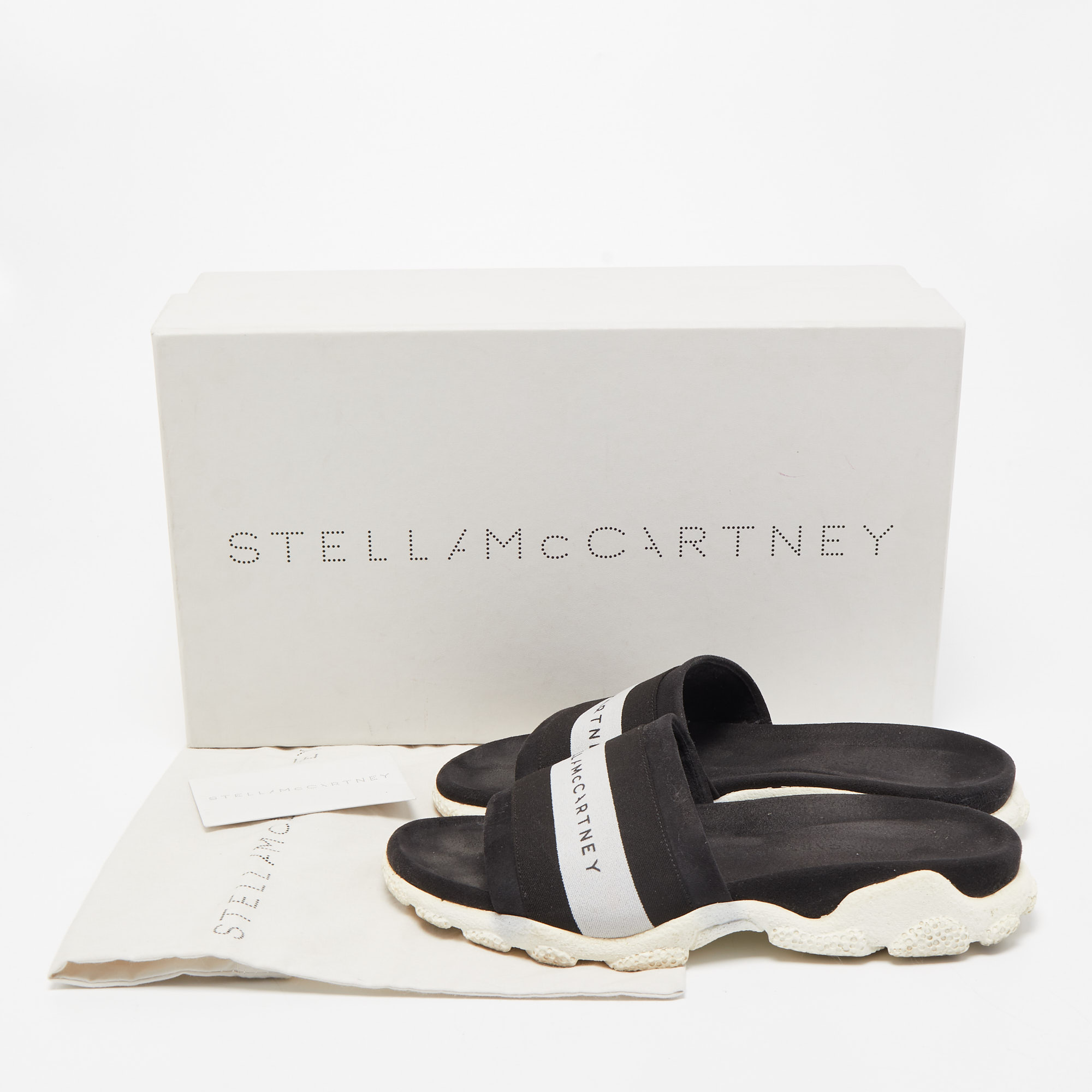 Stella McCartney Black/White Faux Suede And Canvas Logo Flat Slides Size 38