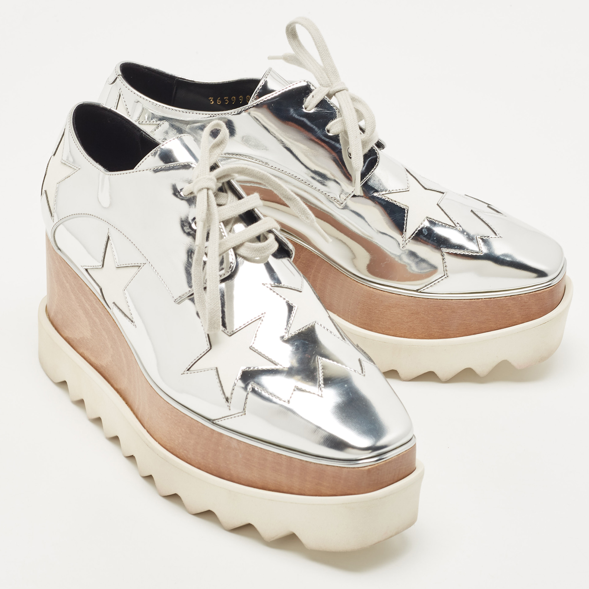 Stella McCartney Silver Faux Leather Elyse Star Wedge Sneakers Size 38