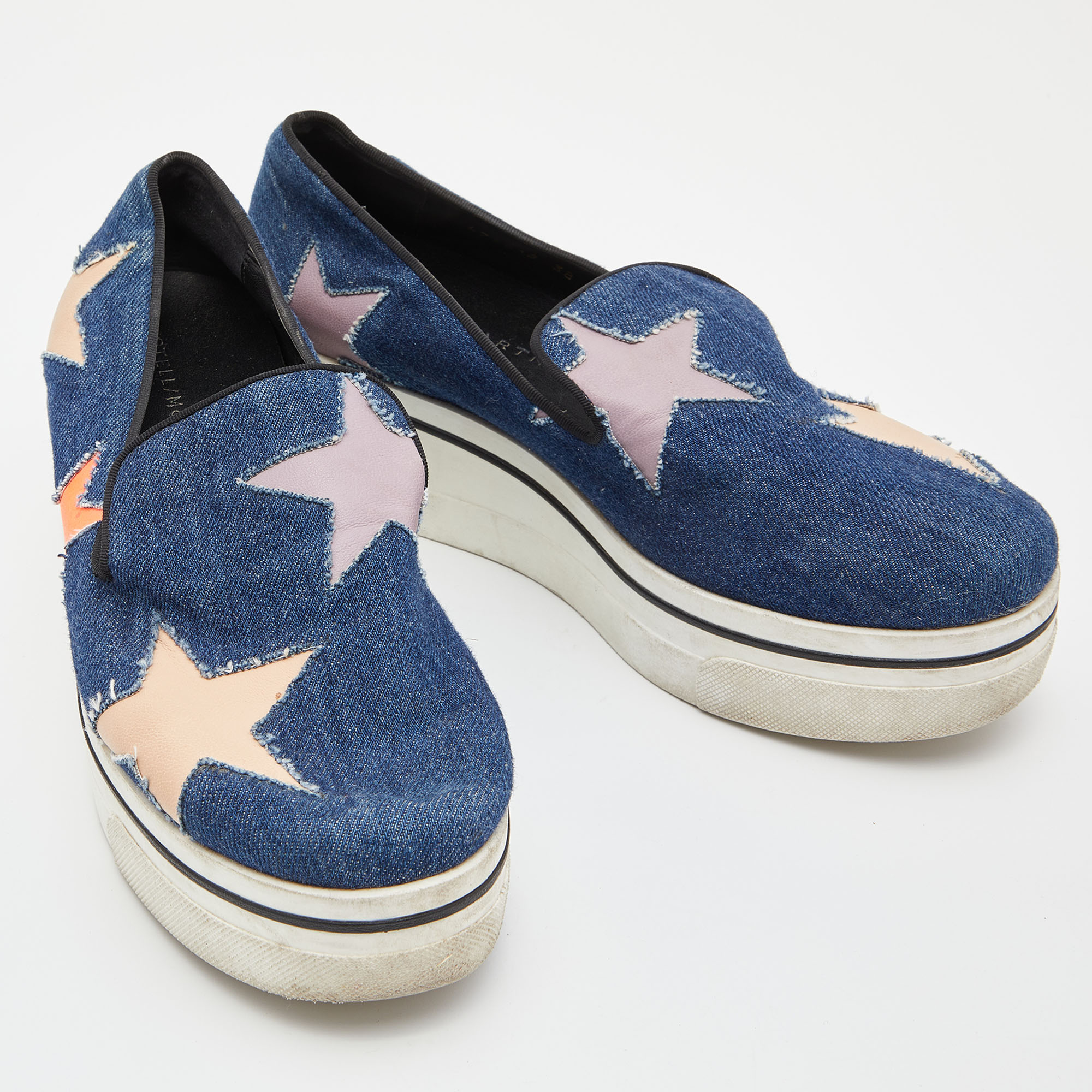 Stella McCartney Blue Denim And Leather Binx Star Platform Slip On Sneakers Size 38