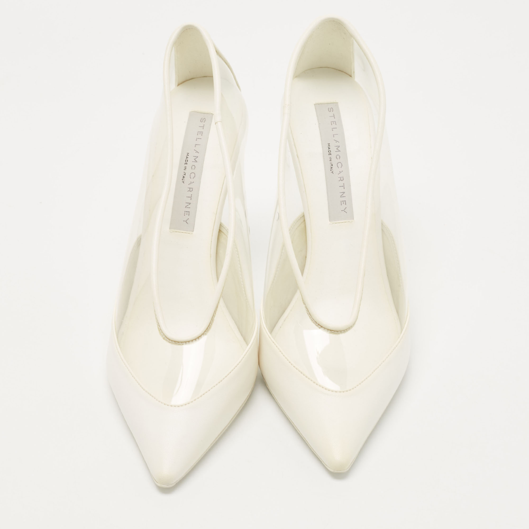 Stella McCartney White Faux Leather And PVC Pointed Toe Pumps Size 38