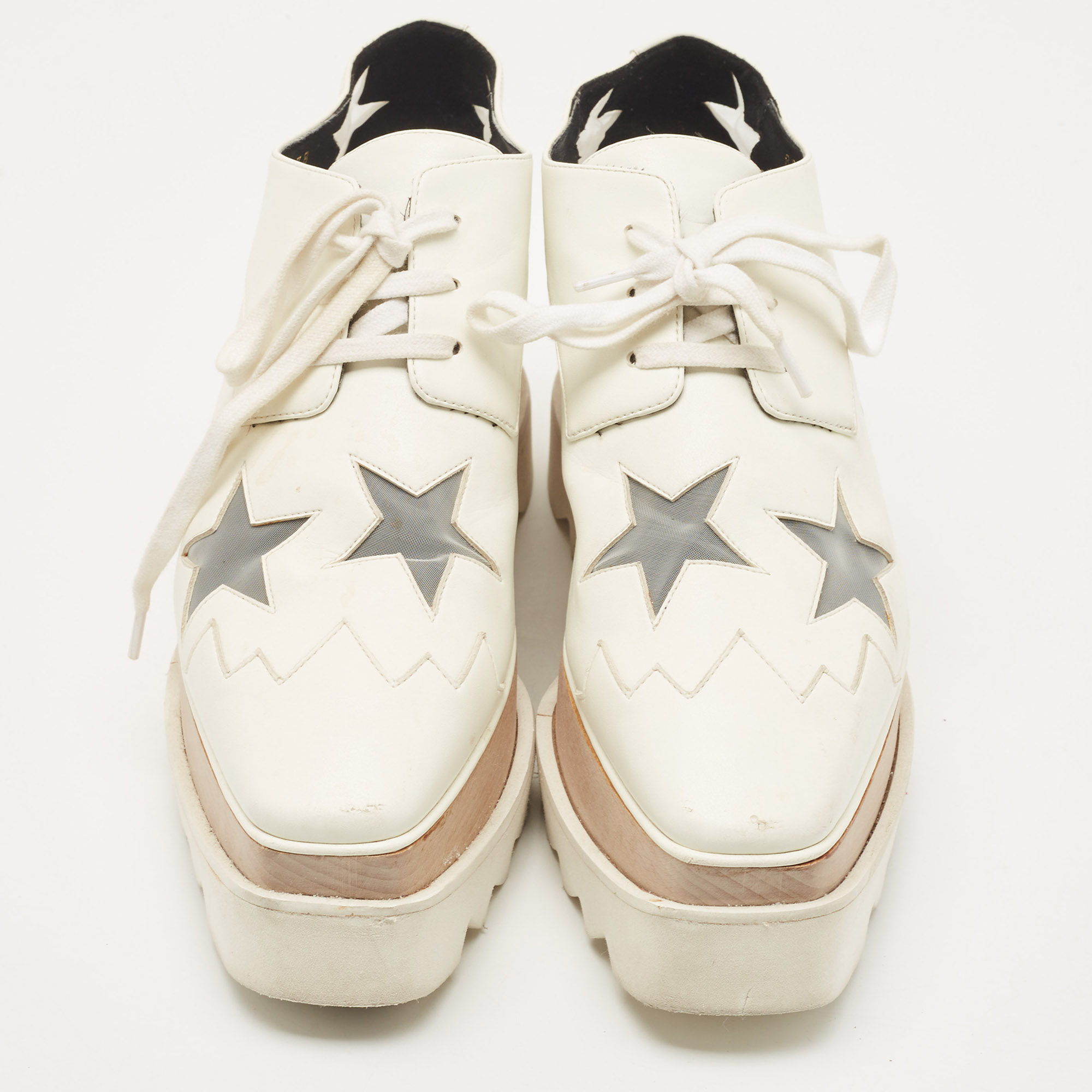 Stella McCartney White Faux Leather And Mesh Elyse Star Platform Derby Sneakers Size 38