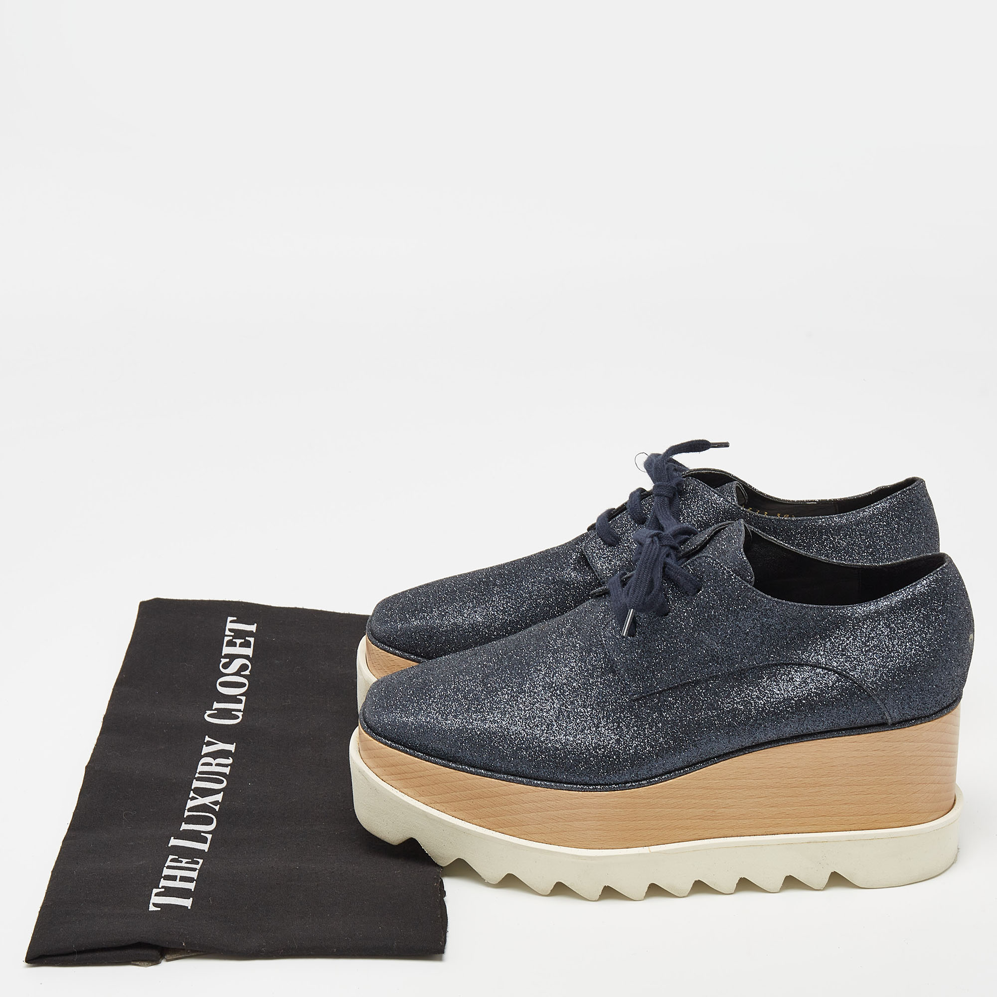 Stella McCartney Navy Blue Glitter Elyse Platform Derby Sneakers Size 38.5