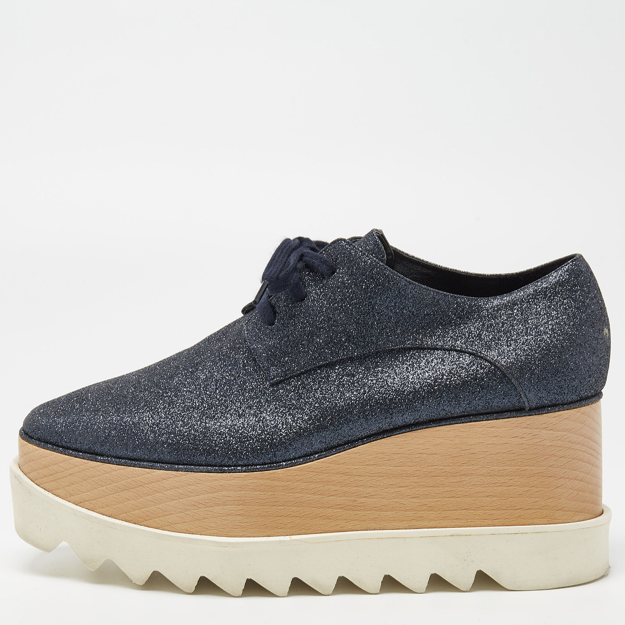 Stella McCartney Navy Blue Glitter Elyse Platform Derby Sneakers Size 38.5