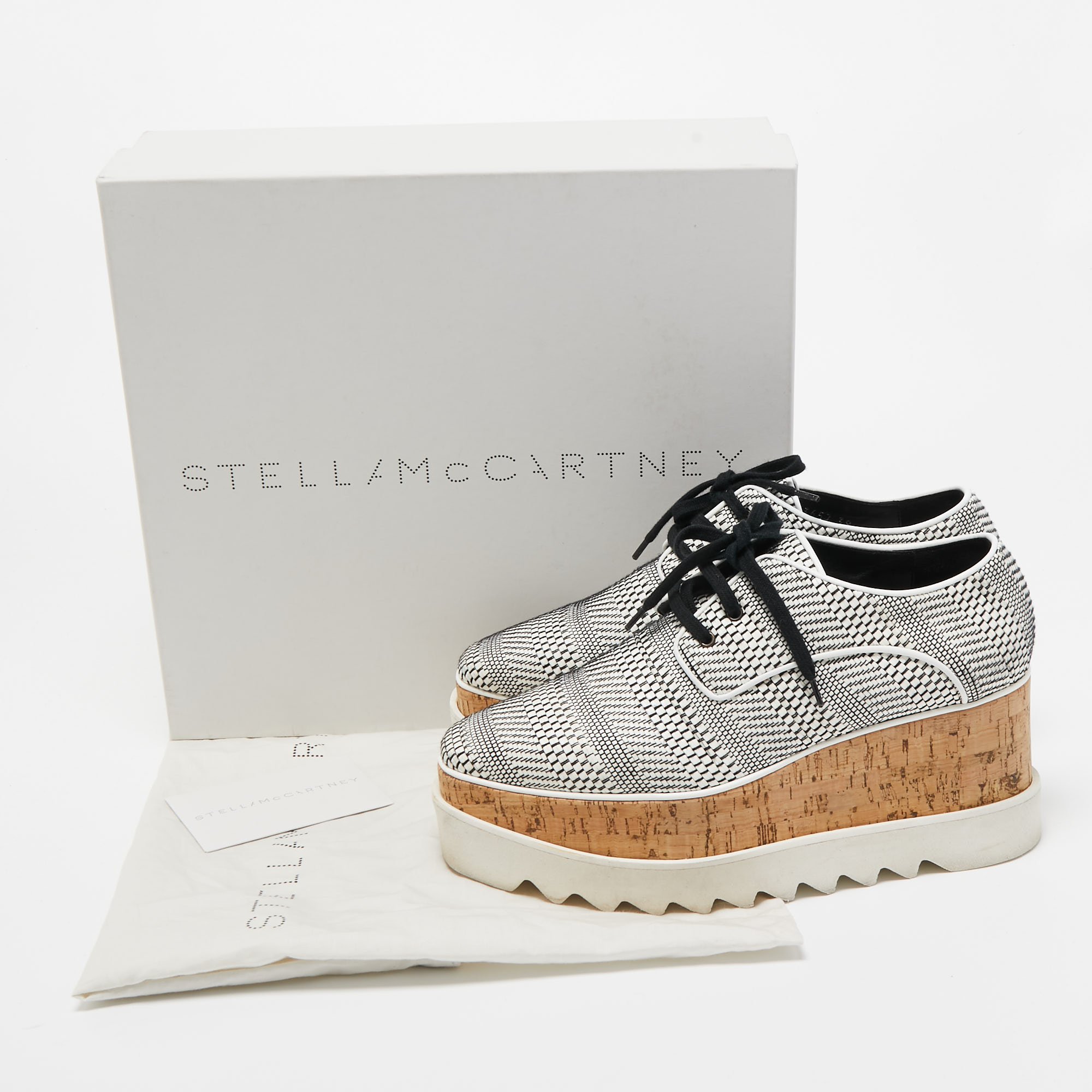 Stella McCartney White/Black Woven Faux Leather Elyse Cork Wedge Platform Derby Sneakers Size 39