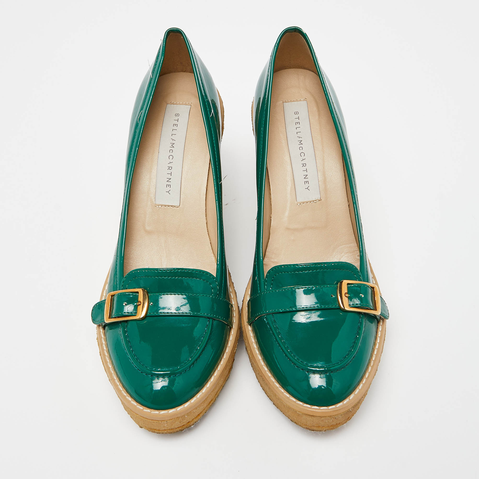 Stella McCartney Green Faux Patent Leather Wedge Loafer Pumps Size 38