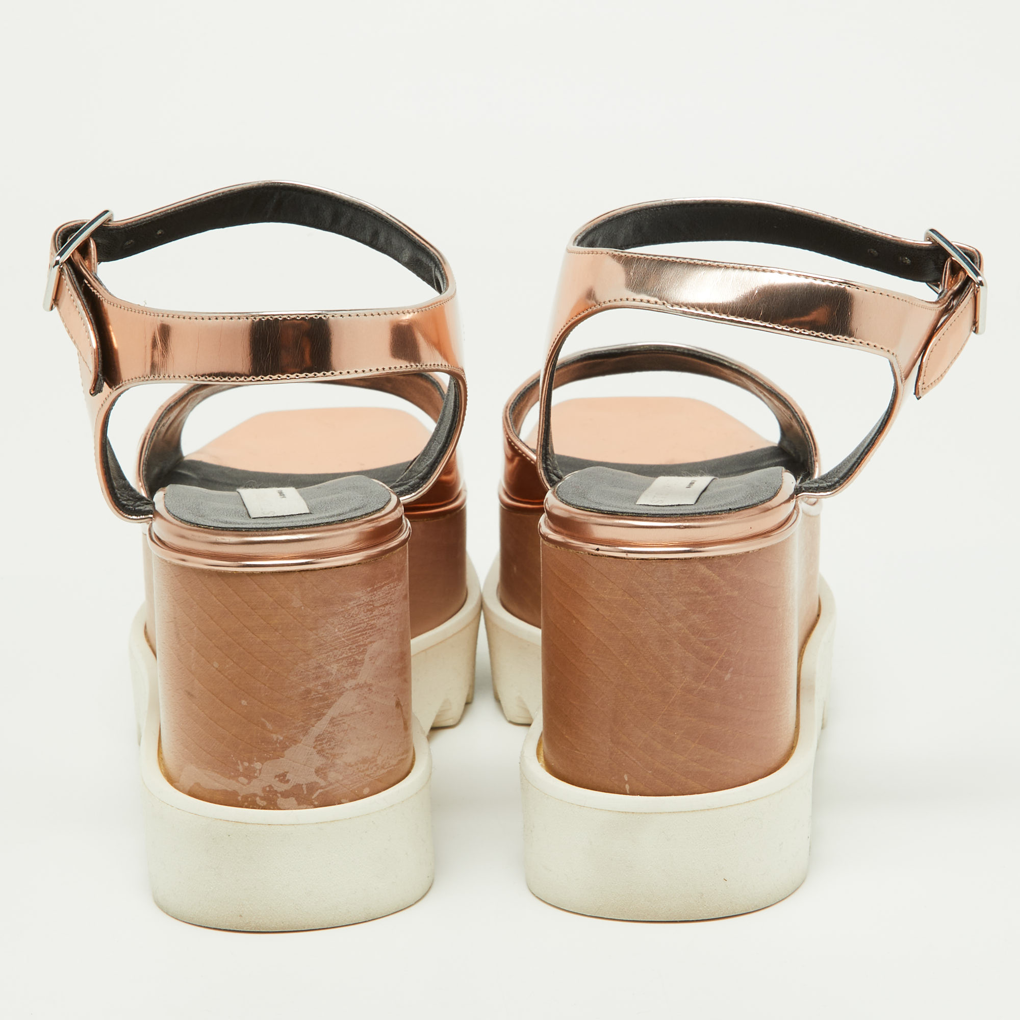 Stella McCartney Metallic Rose Gold Faux Patent Leather Elyse Star Platform Ankle Strap Sandals Size 37.5