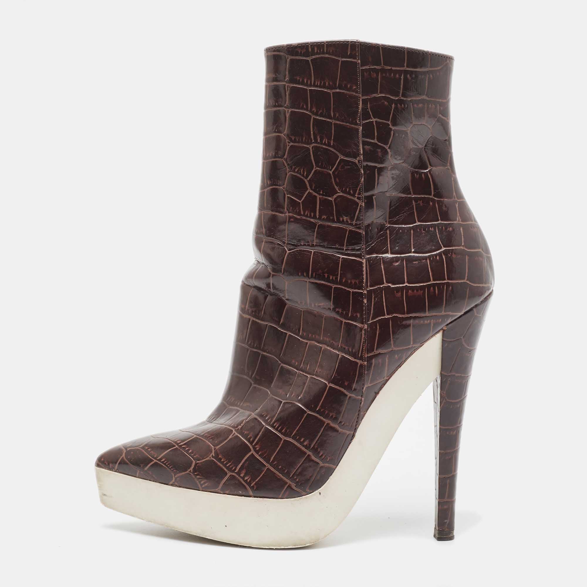Stella McCartney Brown Croc Embossed Ankle Boots Size 37