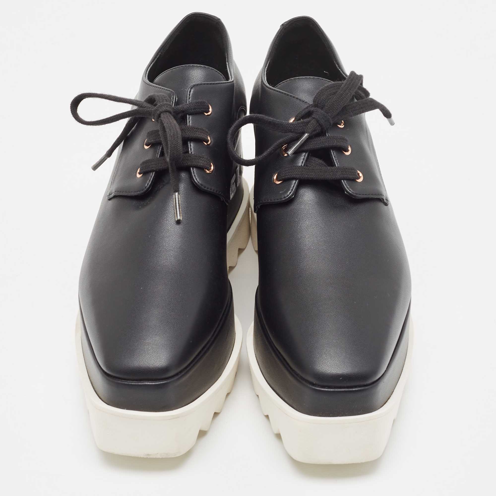 Stella McCartney Black Faux Leather Elyse Logo Embroidered Platform Sneakers Size 38