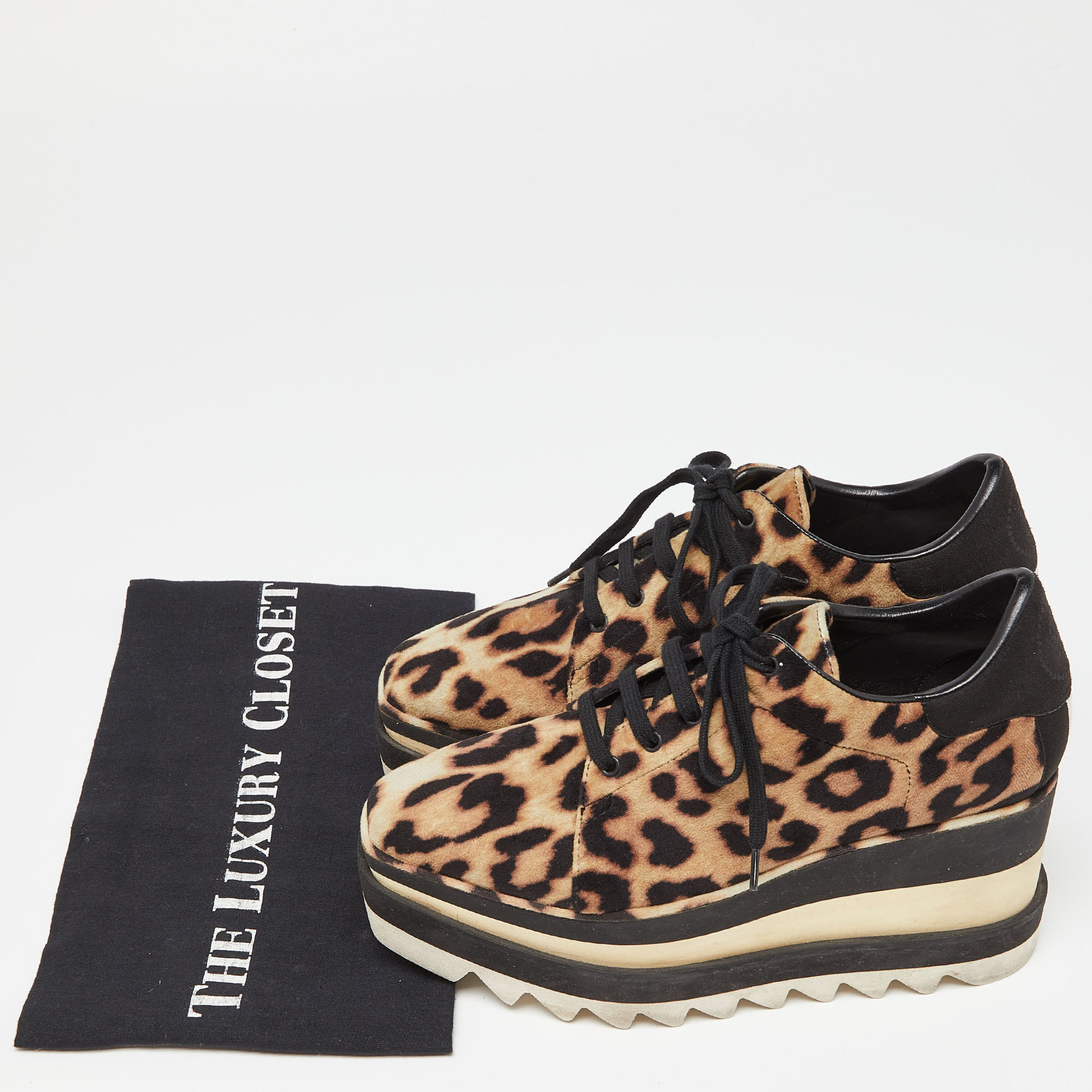 Stella McCartney Beige/Black Leoprad Print Velvet Elyse Platform Derby Sneakers Size 35