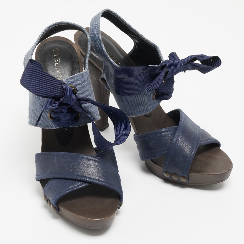 Stella McCartney Blue Canvas And Nubuck Lace Up Sandals Size 37
