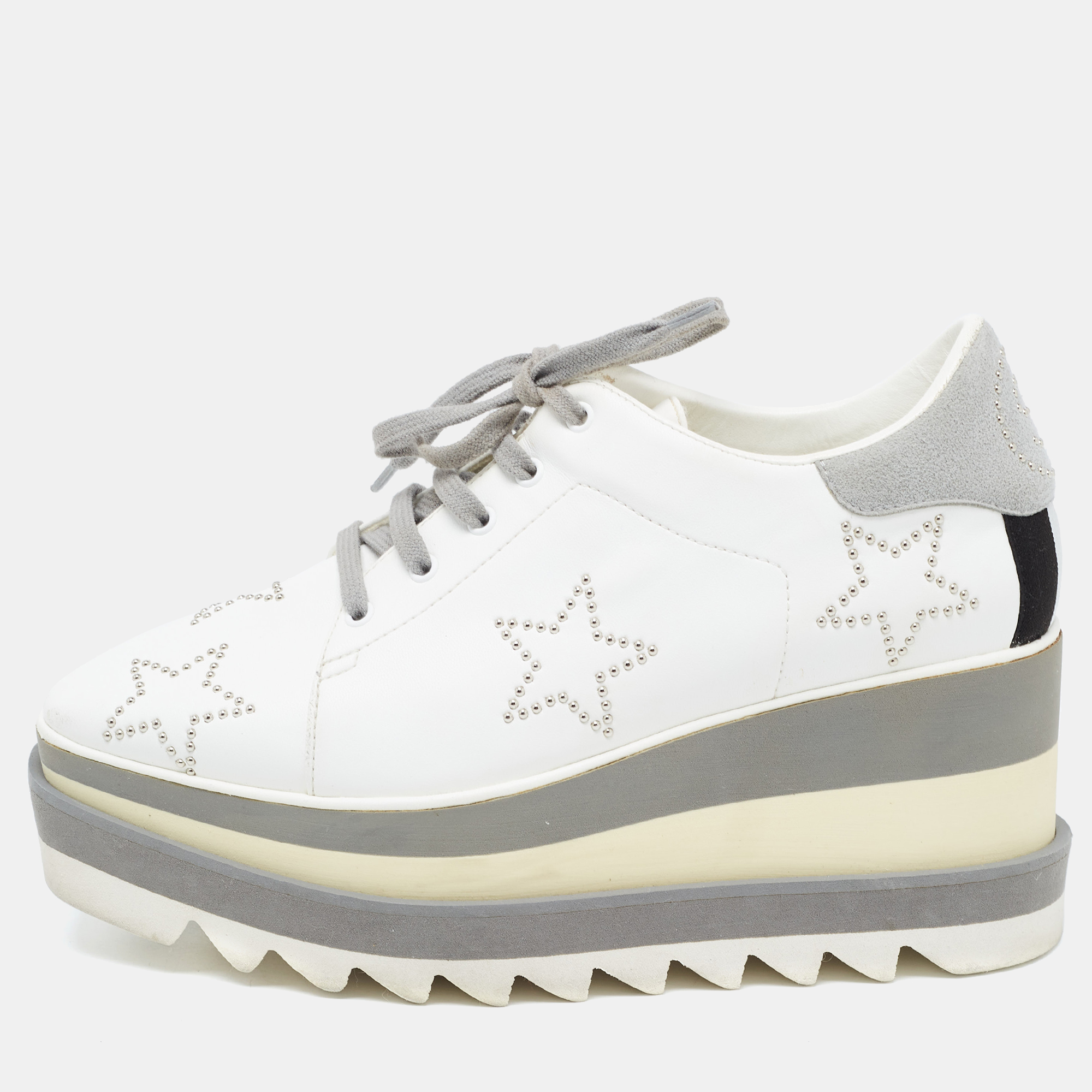Stella McCartney White/Grey Faux Leather And Suede Elyse Star Sneakers Size 36