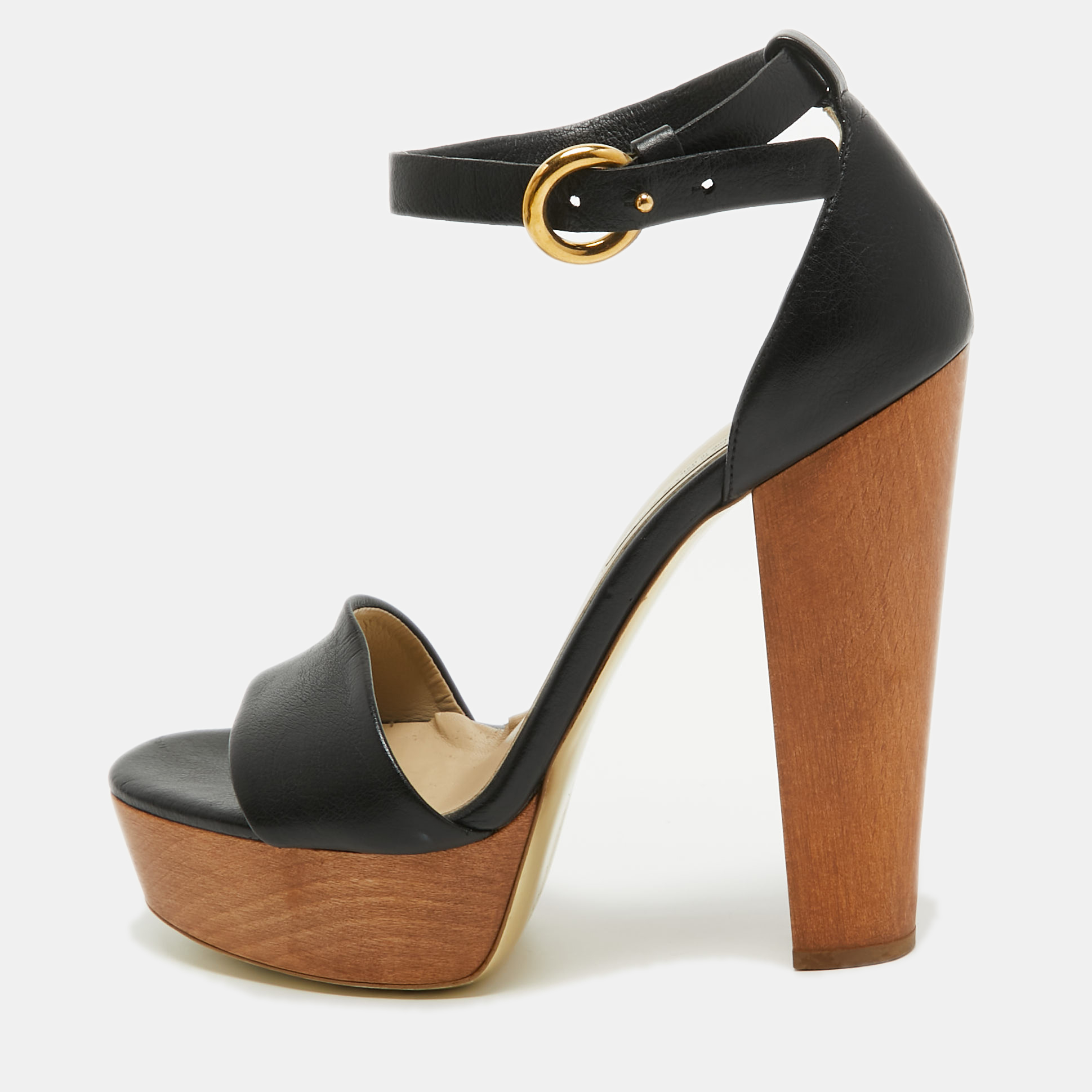Stella mccartney black faux leather wooden platform ankle strap sandals size 40
