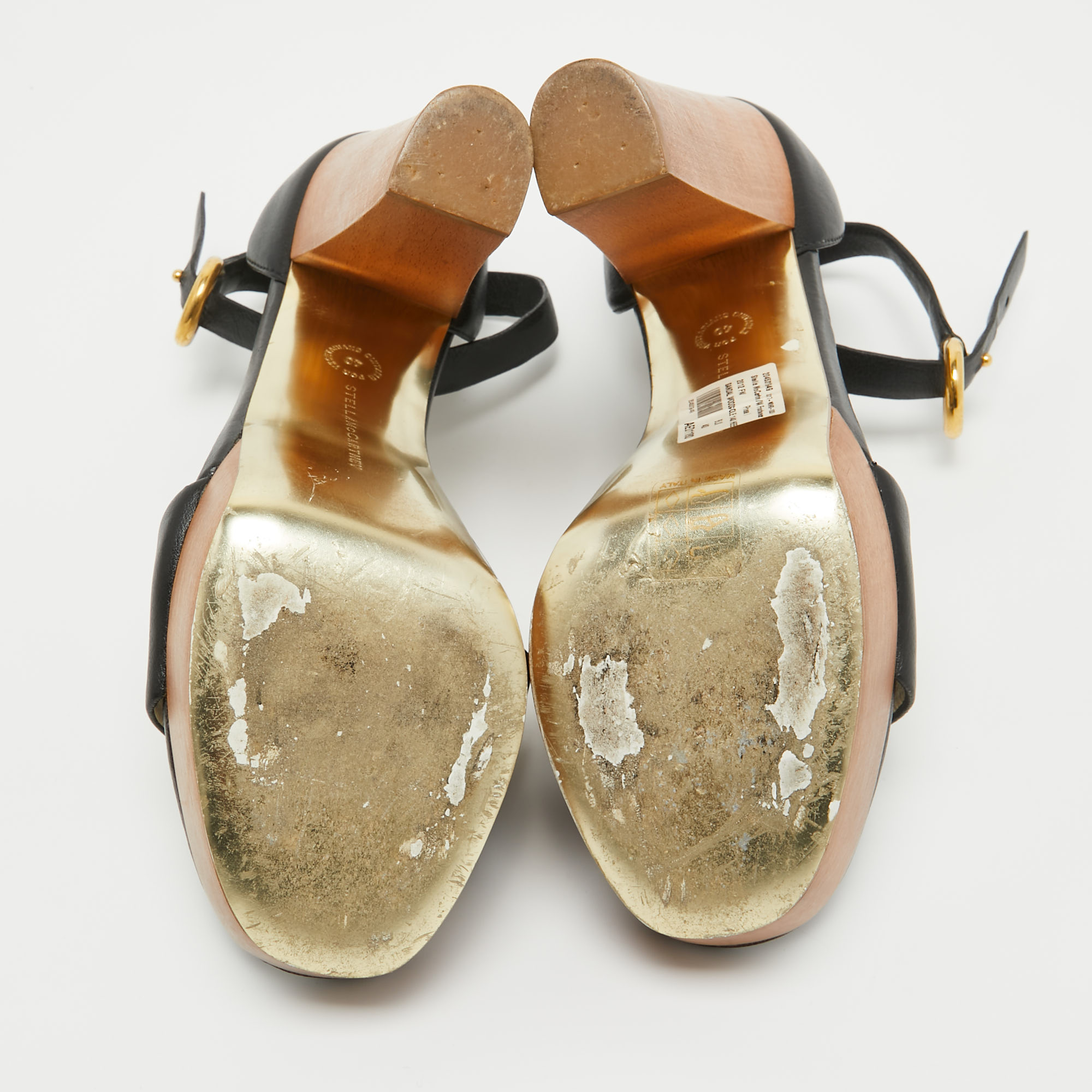 Stella McCartney Black Faux Leather Wooden Platform Ankle Strap Sandals Size 40