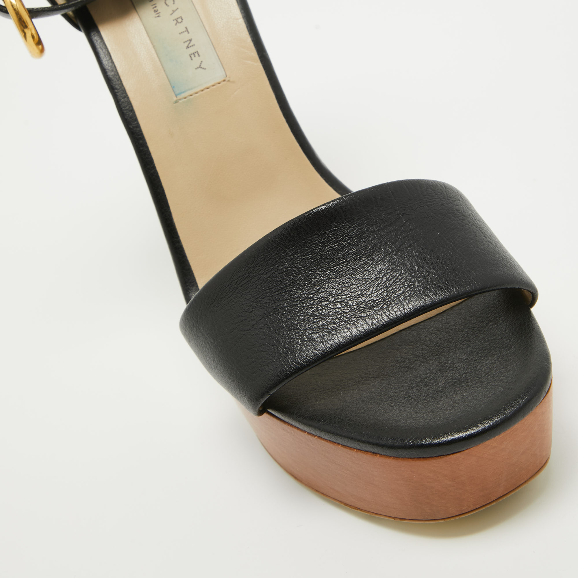 Stella McCartney Black Faux Leather Wooden Platform Ankle Strap Sandals Size 40